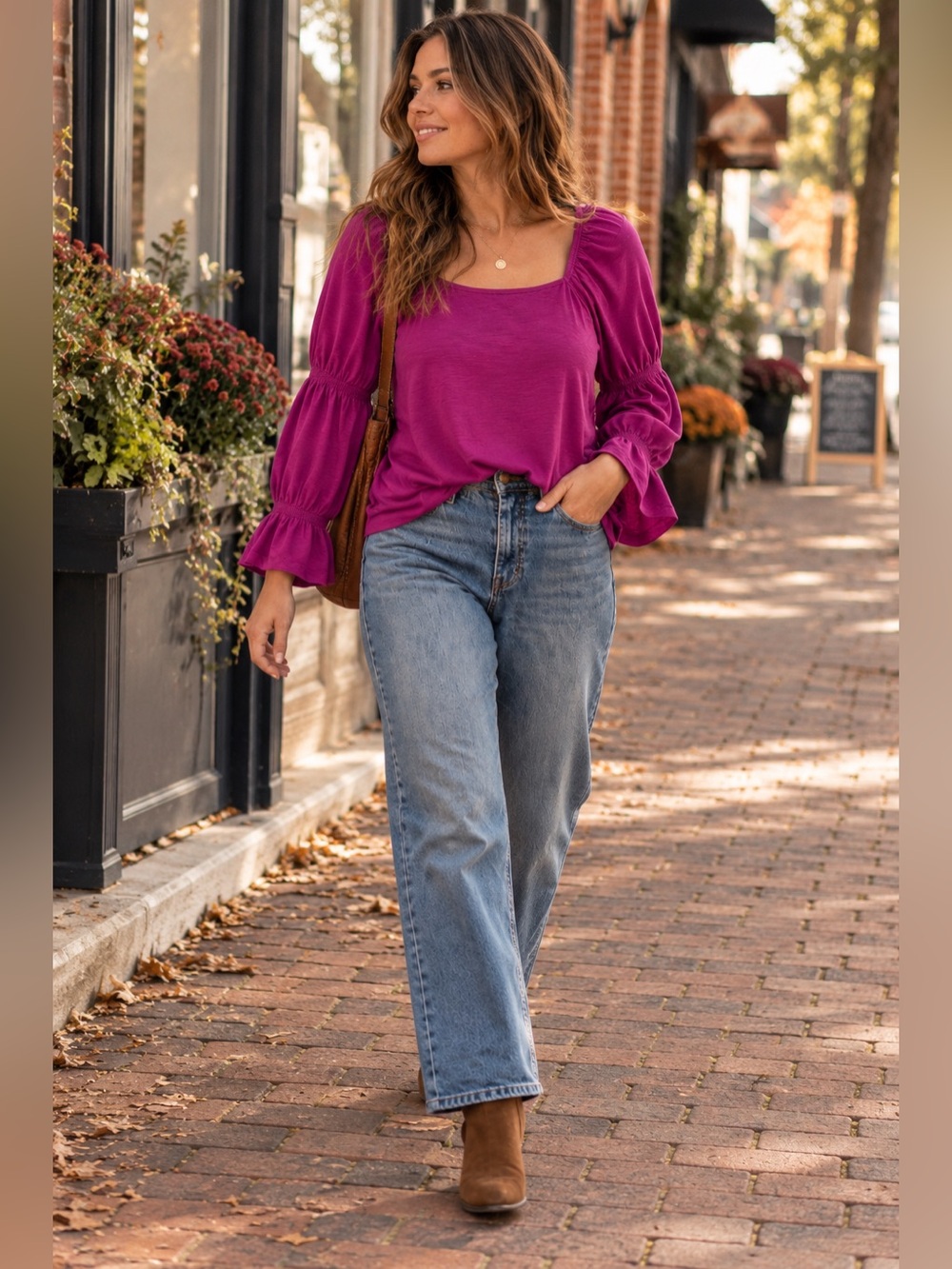 Pioneer Woman Purple Magenta Peasant Top Large Square Neck Puff Sleeve